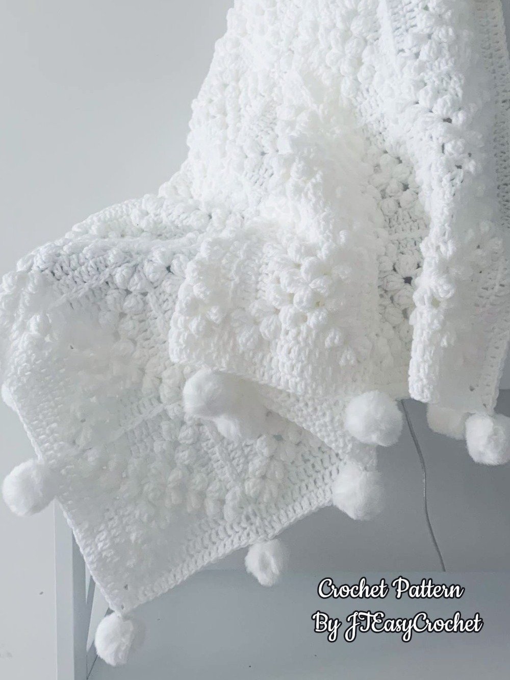 Granny Square Blanket With Poms, Easy Crochet Pattern & VIDEO, Textured Crochet Throw Home Decor, Baby Gift product image (7)