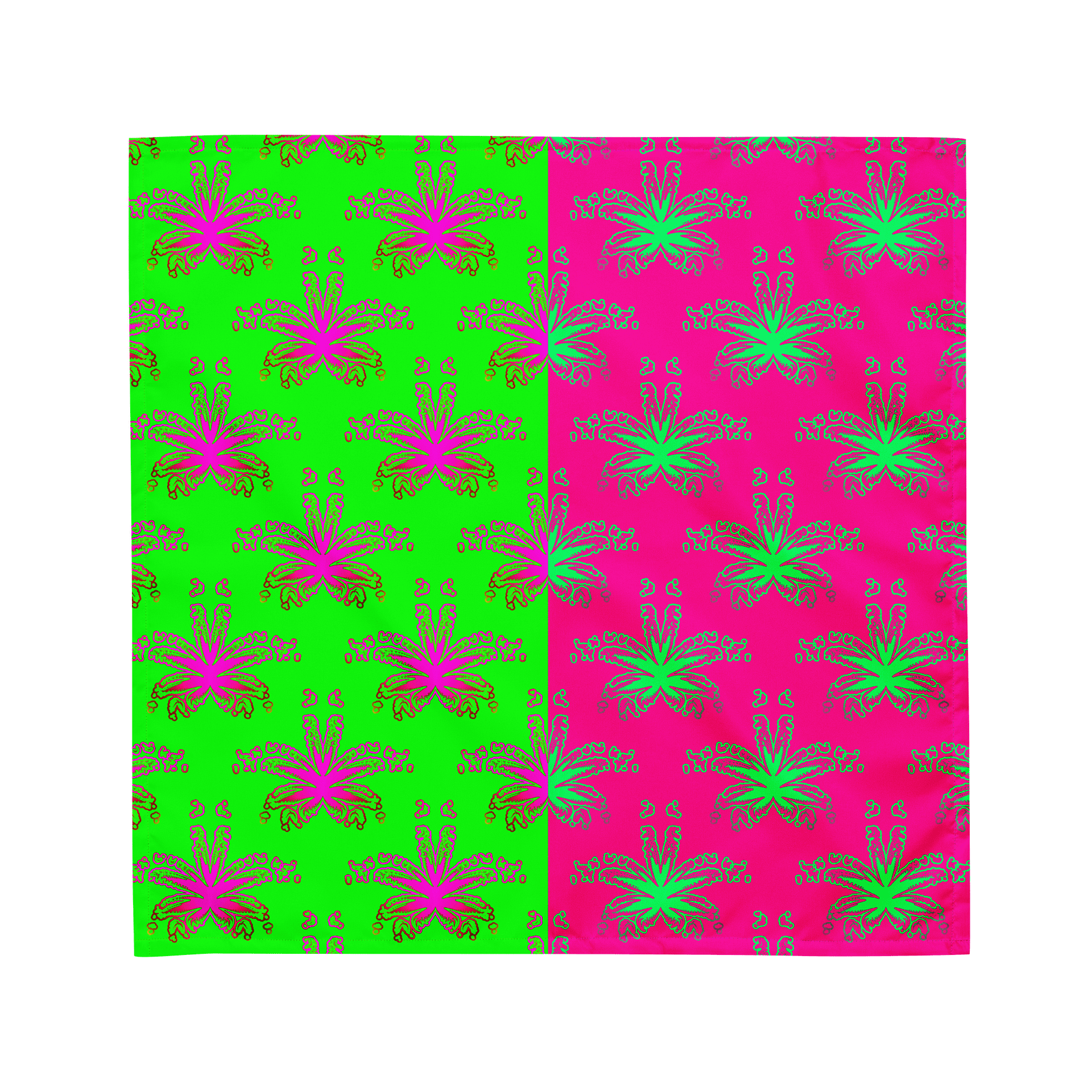 Neon Green Pink Cannabis Twisted Budz Bandana, 420 Art Summertime Stoner Style Fashion, Weird Weed Leaf Pattern All-Over Print Odd Accessory product image (1)