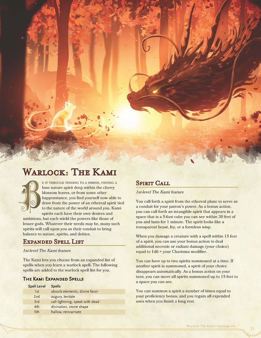 The Kami | 5E Warlock Subclass | Gamingbrew