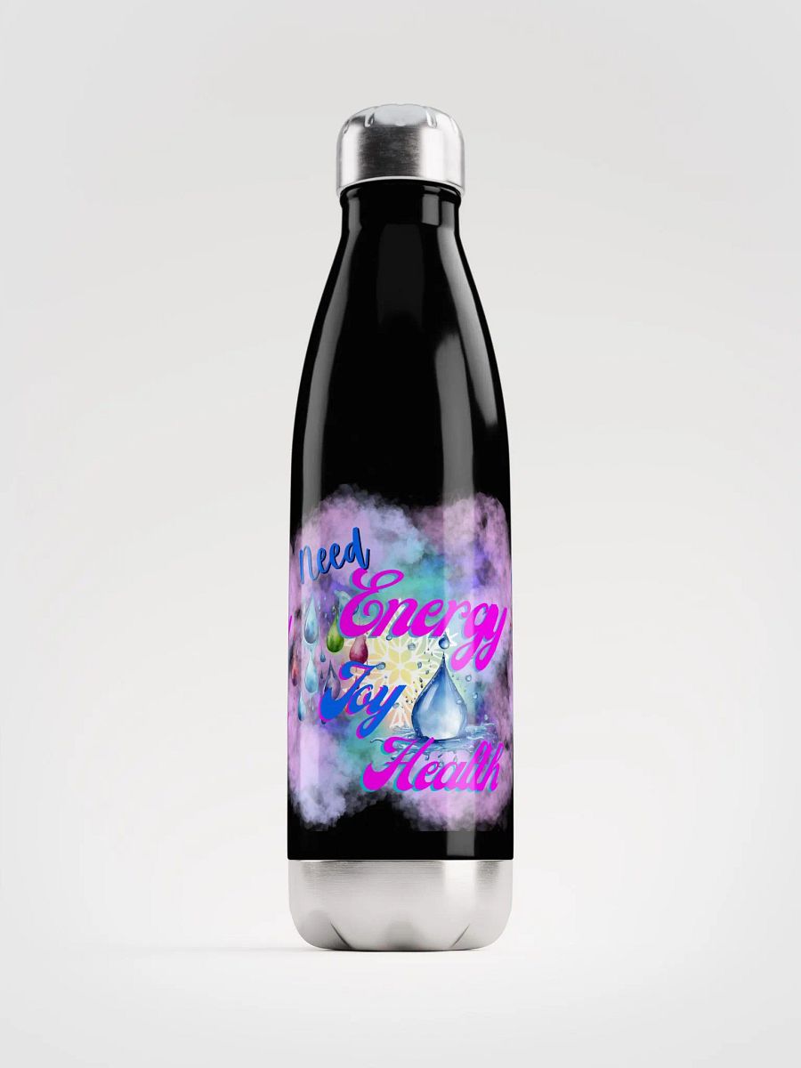 Stainles steel water bottle with beautiful swirly blue water drop splash and drops design featuring ' Need  Energy Love Health product image (1)