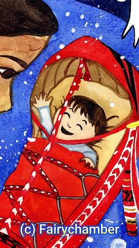 Goddess Sarahkka, the sacred Sámi protector of women and childbirth, is portrayed holding a baby cradled in a traditional kom...