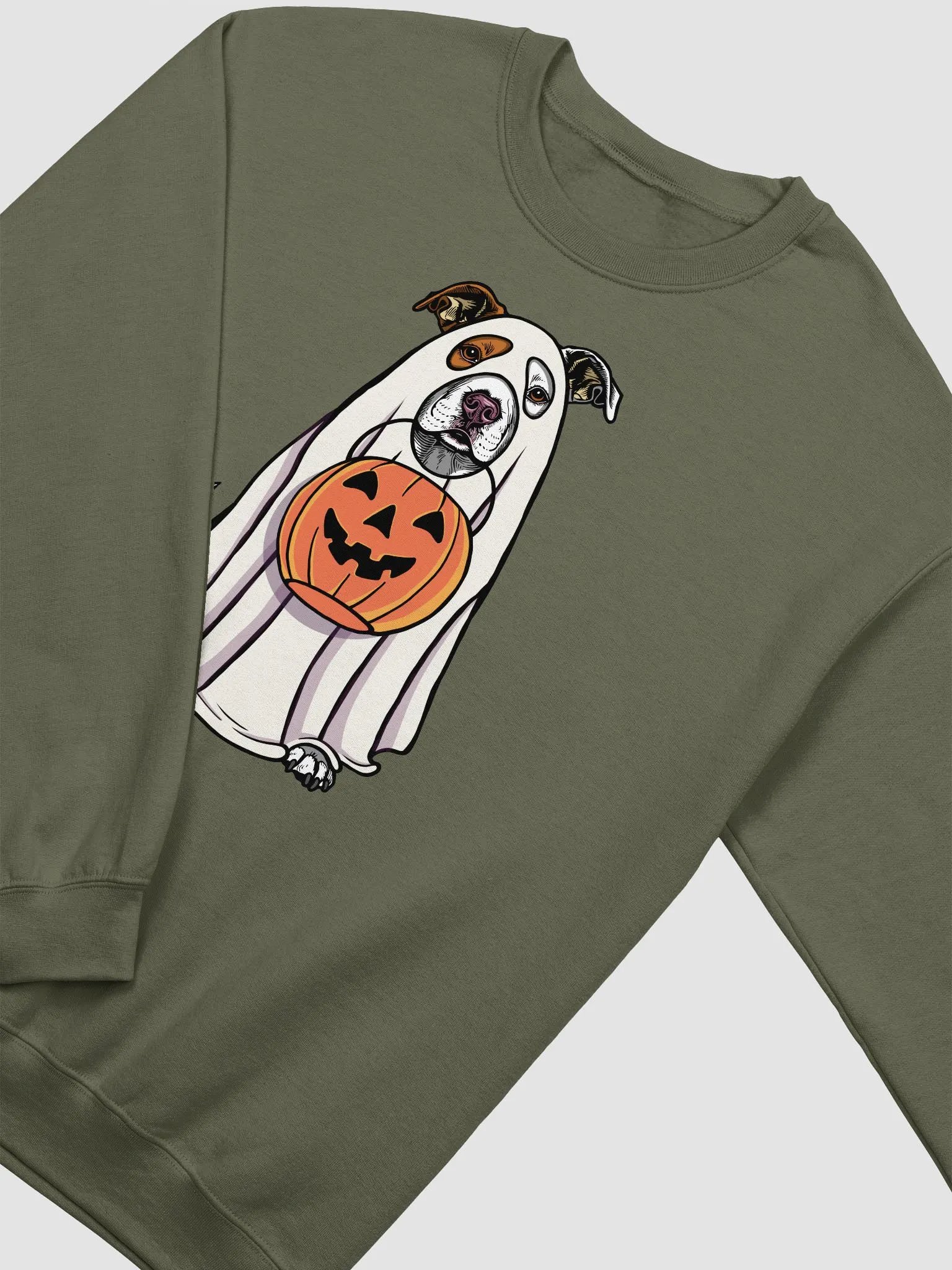 Funny Halloween Pitbull Terrier(White) Sweatshirt | Funny Pittie Wearing a Ghost Costume and Holding a Pumpkin Basket product image (18)