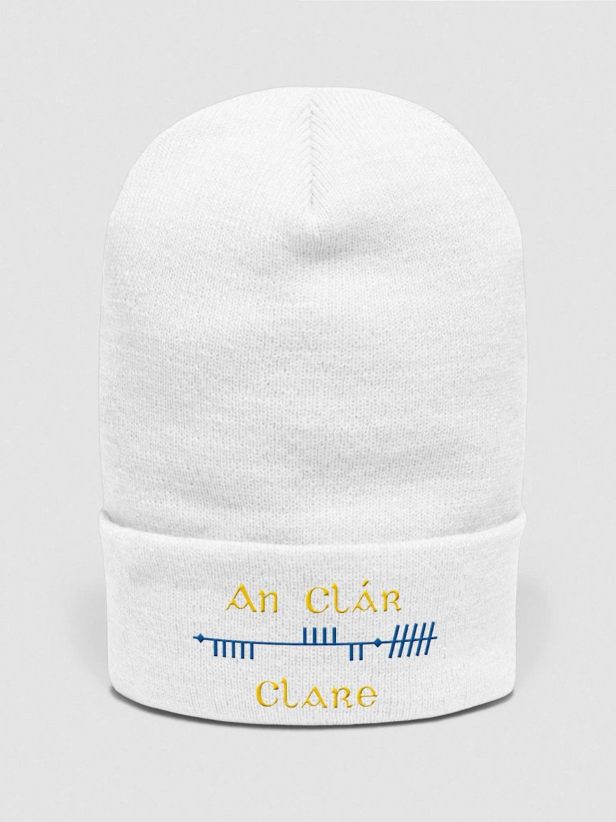 Clare/An Clár, Scholastic Style Ogham, Blue and Gold, embroidered Cuffed Beanie product image (1)