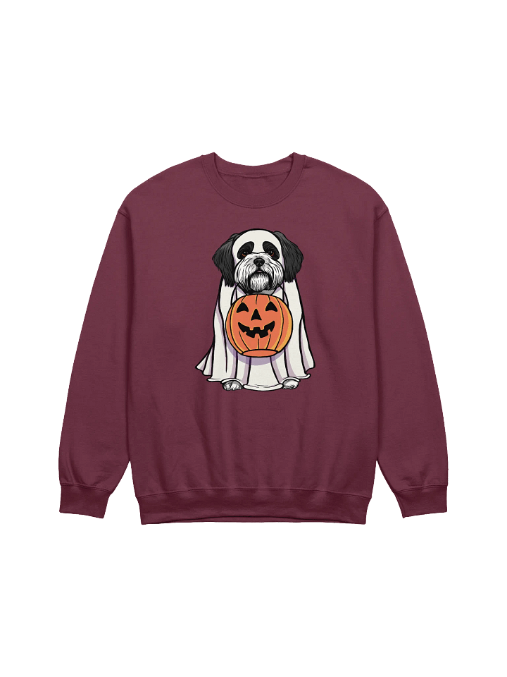 Funny Halloween Shih Tzu(Black & White) Sweatshirt | Funny Dog Wearing a Ghost Costume and Holding a Pumpkin Basket product image (1)