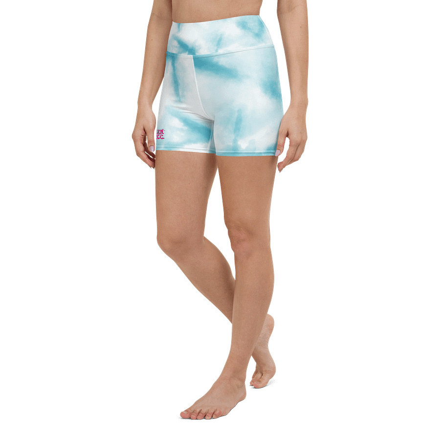 All-Over Print Yoga Shorts | with Inside Pocket | BRN.2C.C.™ | Coastal-Inspired Activewear | Vibrant Pink Logo on Blue Tie-Dye product image (5)