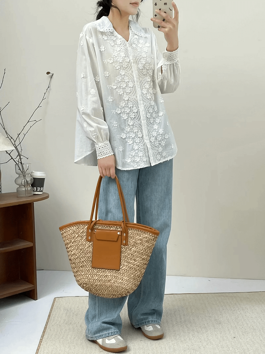 Three-dimensional Flower Embroidered Lapel Single-breasted Long Sleeve Shirt For Women product image (12)