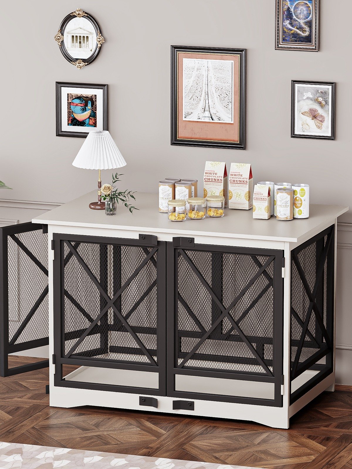 48 inch Extra Large Dog Crate Furniture,Double Door Indoor Kennel,End Side Table Wooden Dog Crates,Anti-Chew Anti-Escape, White product image (3)