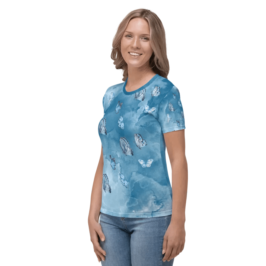 Womens all over printed t shit with light blue water color design with butterflies product image (3)