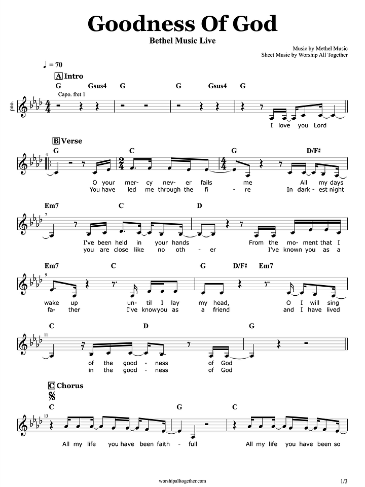 Goodness Of God (Original Key) Bethel Music | Sheet Music, Chord, Lyrics product image (1)
