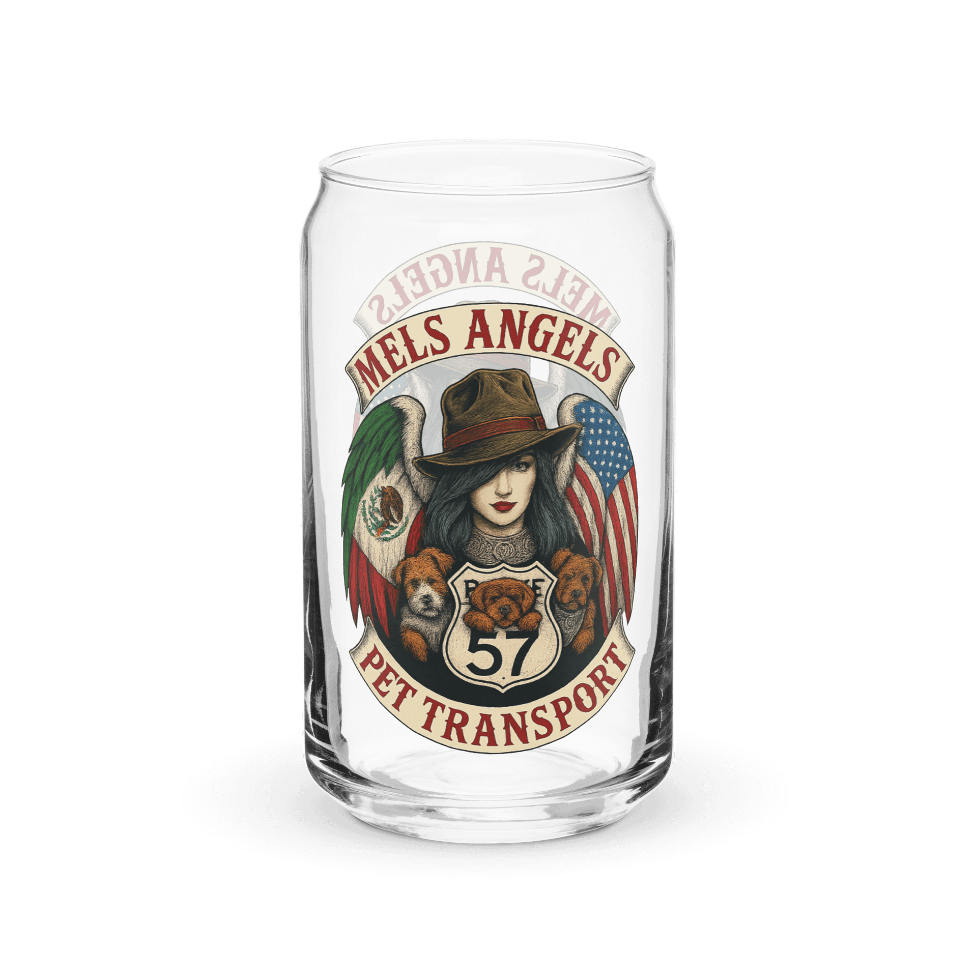 Mels Angels Pet Transport Can-Shaped Glass – Mexican American Route 57 Design product image (4)