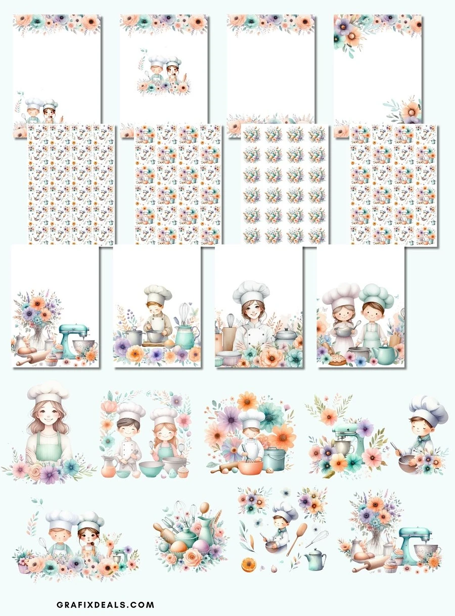Kids Baking Themed Graphics Bundle - Boy Girl Floral - Commercial POD Use product image (2)