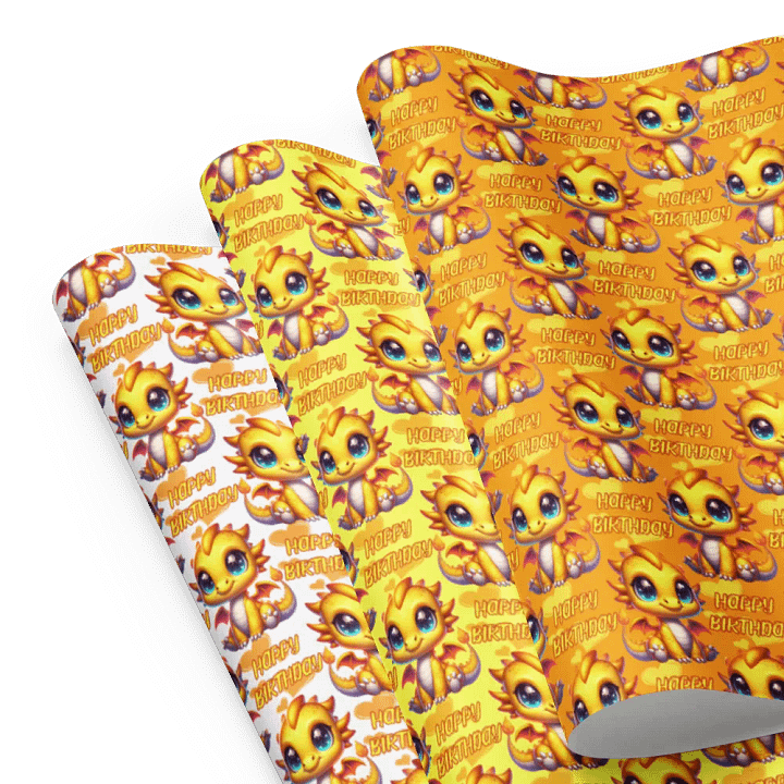 Happy Birthday Baby Dragon Gift Wrapping Paper 3 Sheet Set #1 Yellow Baby Dragon product image (1)