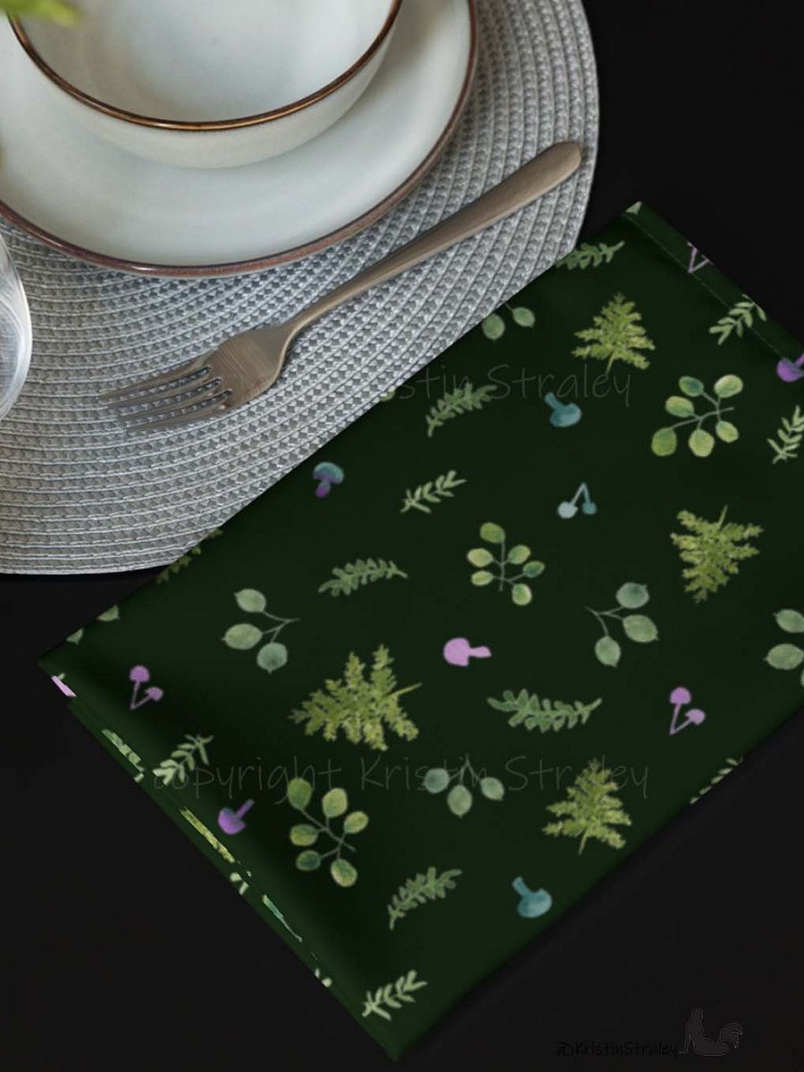 Woodland Ferns & Mushrooms on Dark Green Cloth Napkin Set of 4 product image (11)
