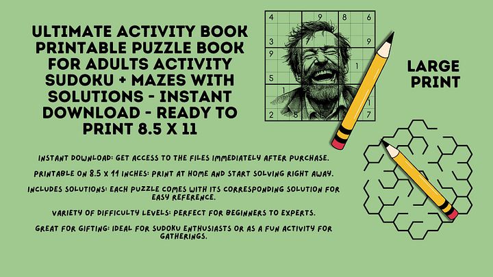 Ultimate Activity Book Printable Puzzle Book For Adults Activity Sudoku + Mazes with Solutions - Instant Download - Ready to Print 8.5 x 11 product image (2)