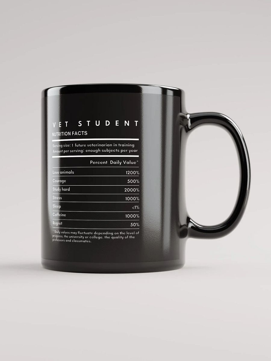 "Vet Student Nutrition Facts" black glossy mug product image (1)
