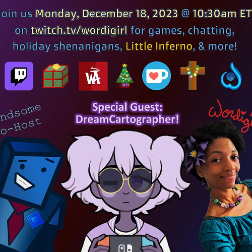 Join us Monday, December 18th @ 10:am ET on  https://twitch.tv/wordigirl for games, chatting, #holiday shenanigans, #littlein...