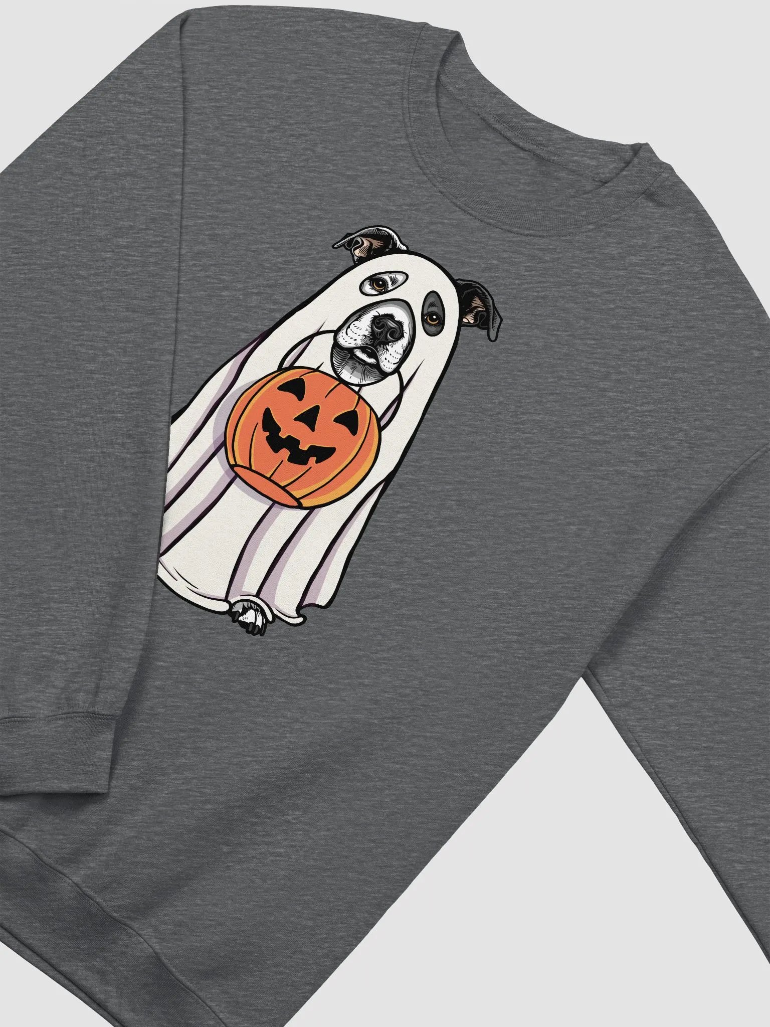 Funny Halloween Staffordshire Terrier(White with Black Patch) Sweatshirt | Funny Staffy Wearing a Ghost Costume and Holding a Pumpkin Basket product image (8)