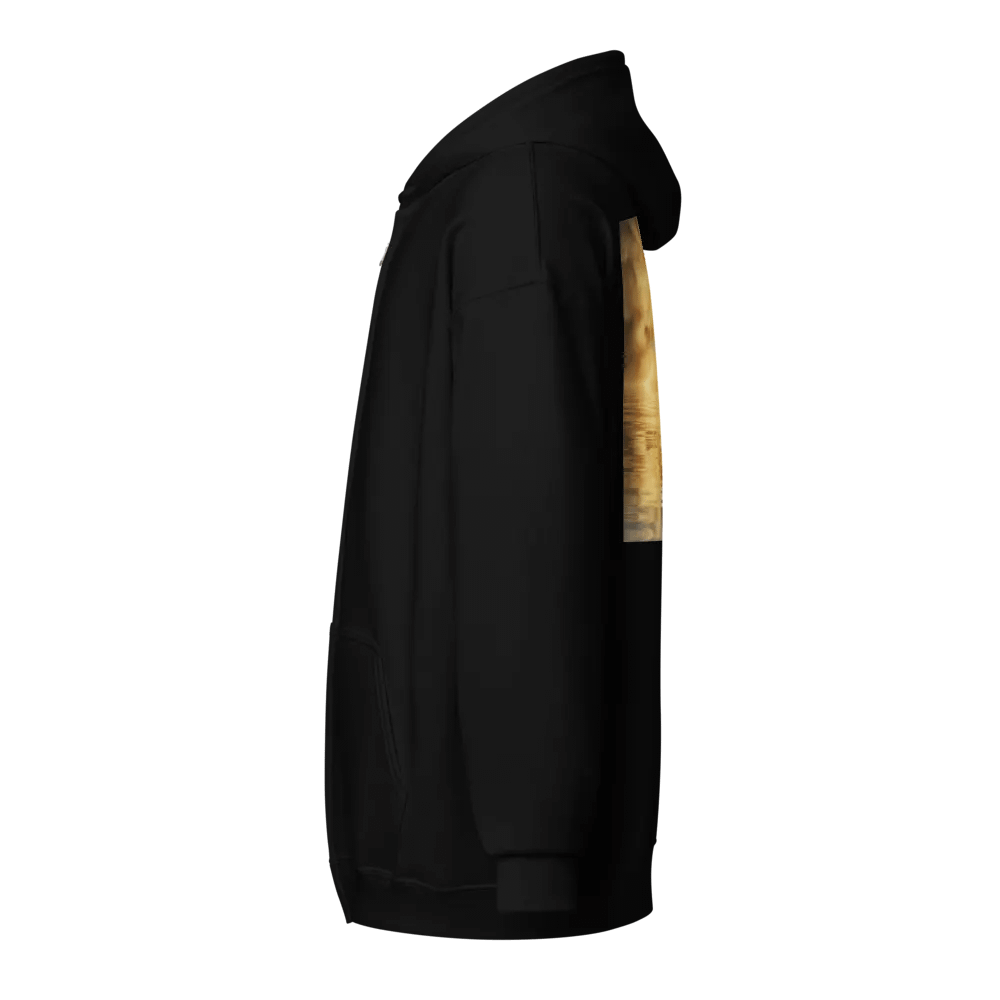 Glowing cross illuminated by intense golden light, reflecting on calm water below Hoodie product image (3)