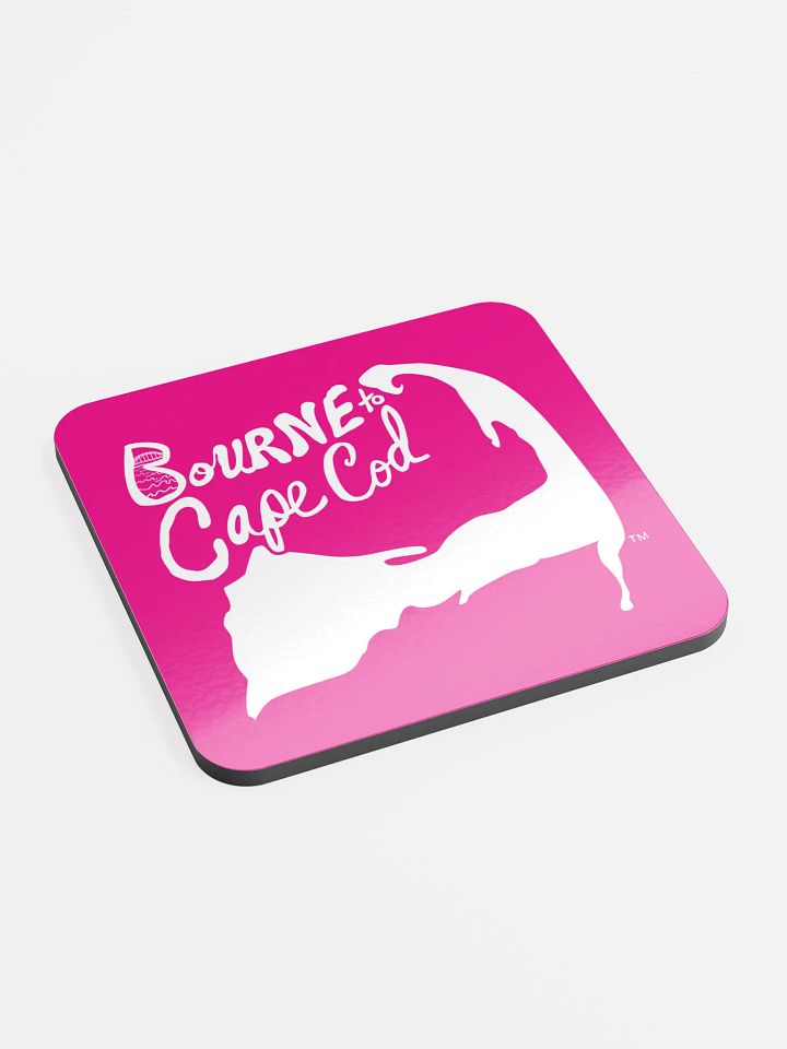 BOURNE to Cape Cod™ | Coastal Coaster | Glossed Cork | Eco-Friendly | Minimalist Coastal Decor | 3.74" Square | White Logo on Vibrant Pink product image (2)