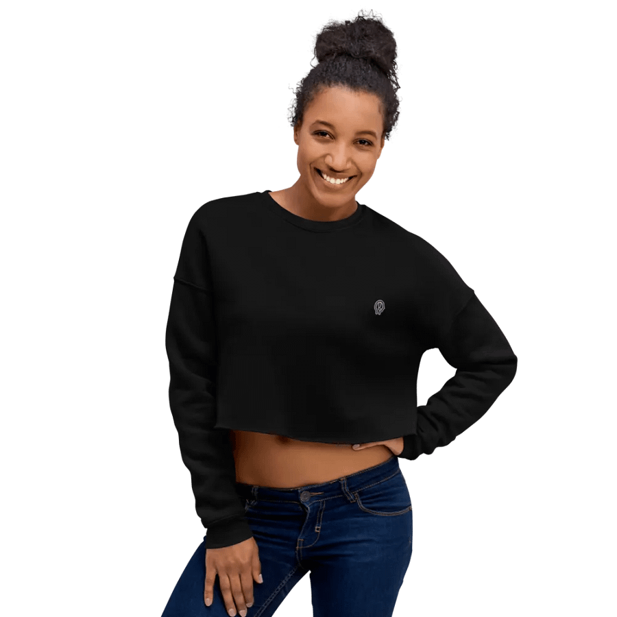 EXCLAIMING MENTALLY (L.C., B&W) embroidered fleece crop crew product image (6)