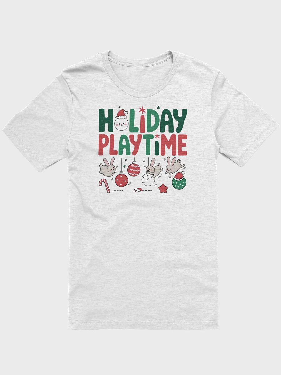 “HOLIDAY PLAYTIME” t-shirt, Holiday-themed shirt, Playful rabbit graphic, Cheerful holiday message, Perfect for holiday gatherings, Fun gift idea for the season, Spread joy and inspiration, gift idea product image (1)