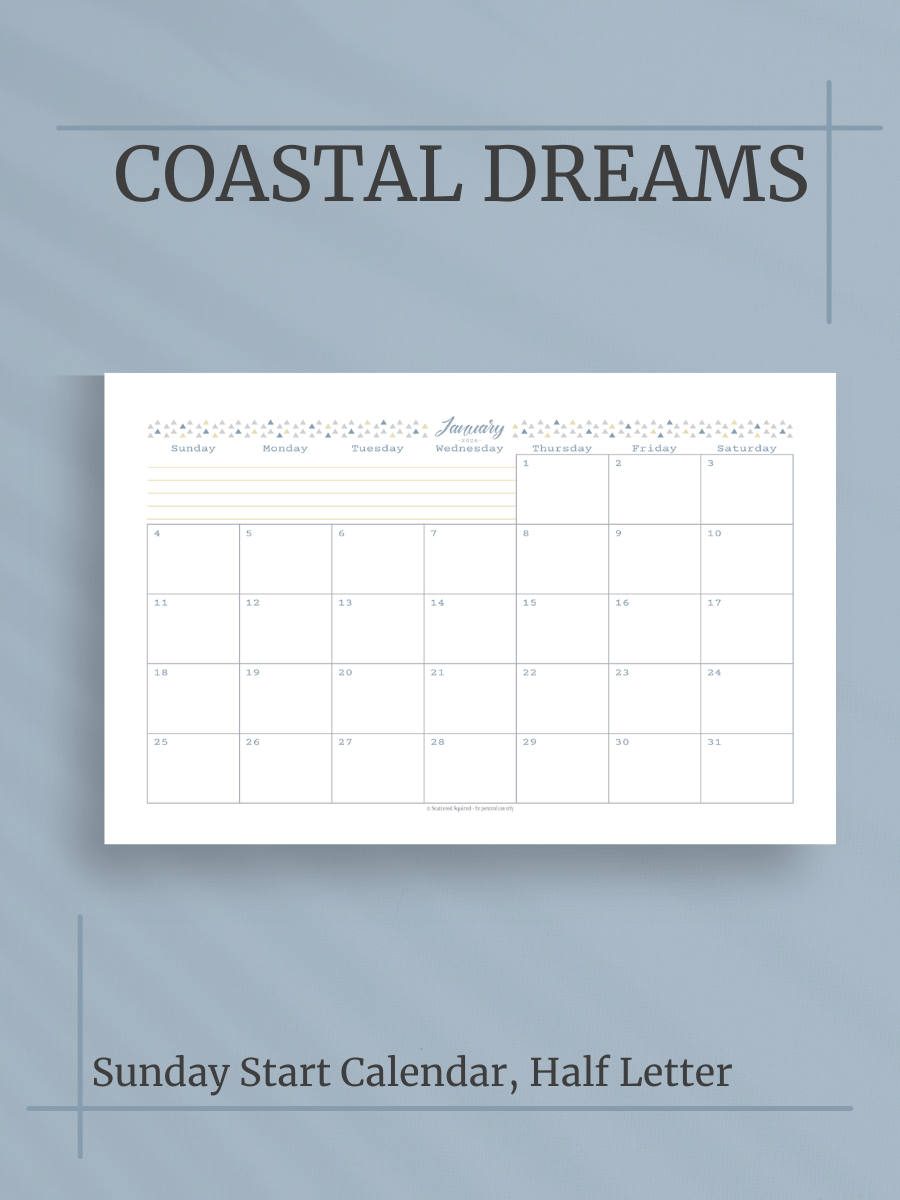 Coastal Dreams 2026 Calendar - Single Page per Month, Sunday Start, Half Letter Size product image (1)