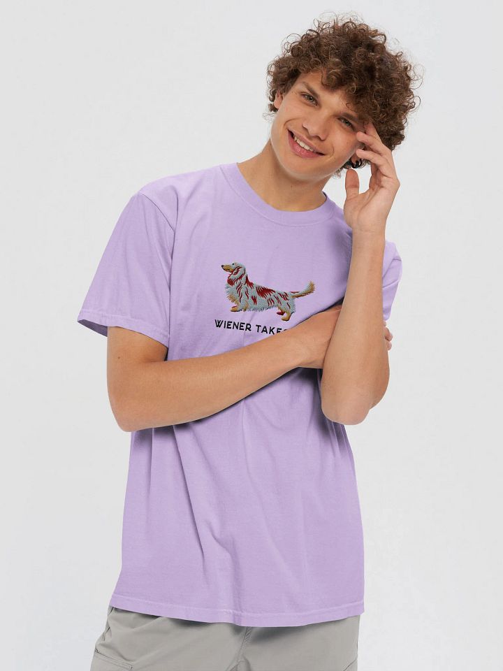 Wiener Takes All T-Shirt(Embroidered) of a Longhaired Dachshund(Red Dapple) product image (2)