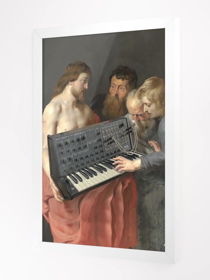 He died for our synths, by Frank Fonik (Japanese Korg MS 20), Techno EDM Framed High Quality Matte Poster product image (2)