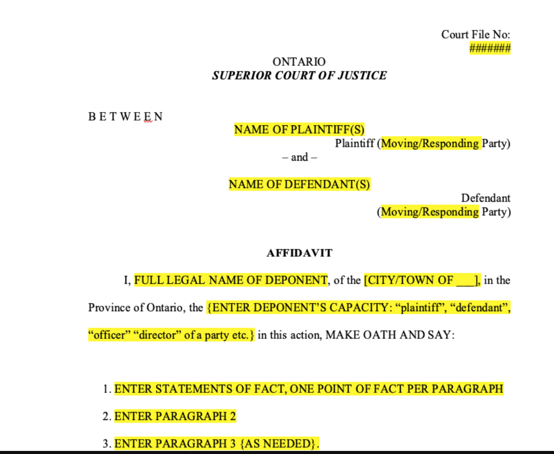 Word Template for Affidavit (civil motions at Ontario Superior Court) product image (1)