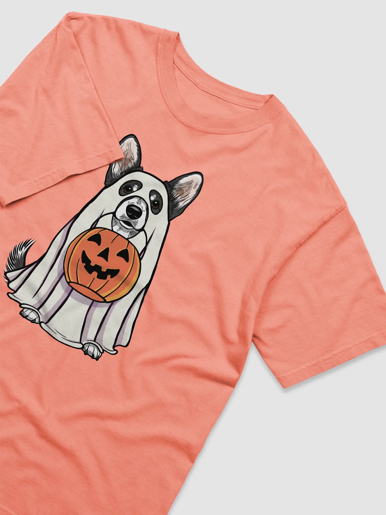 Funny Halloween Cardigan Welsh(Black & White) Corgi T-Shirt | Funny Corgi Wearing a Ghost Costume and Holding a Pumpkin Basket product image (24)