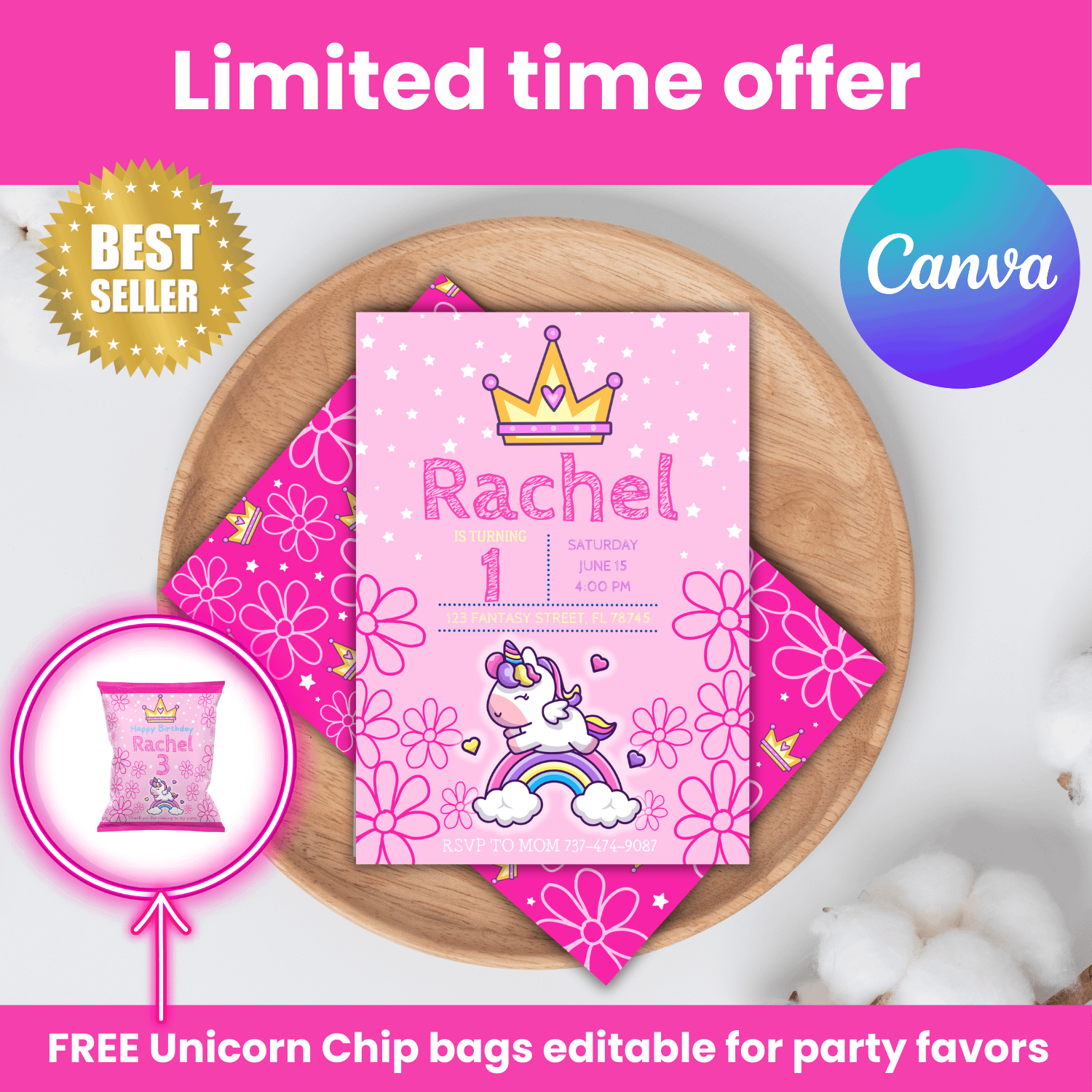 Editable double side Unicorn Birthday Invitation - Canva product image (1)