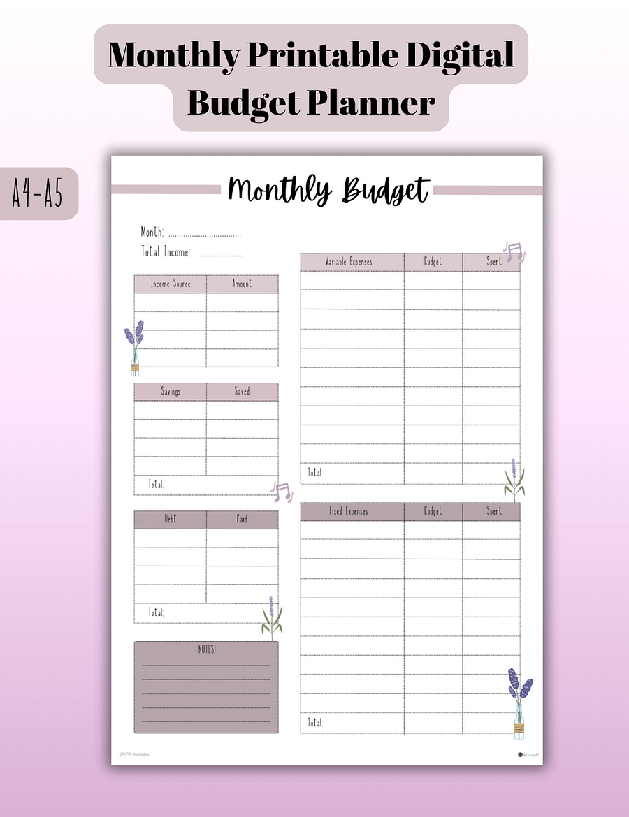 Monthly Printable Digital Budget Planner Pastel Lavender theme A4 - A5 product image (1)