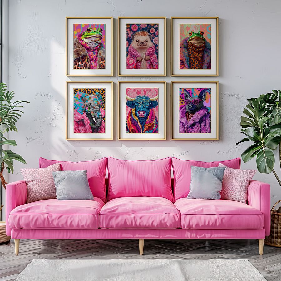Anthropomorphic Animal Fashion Art DIGITAL Print Set of 6 ~ Frog, Toad, Highland Cow, Hedgehog, Bat, Elephant ~ product image (2)