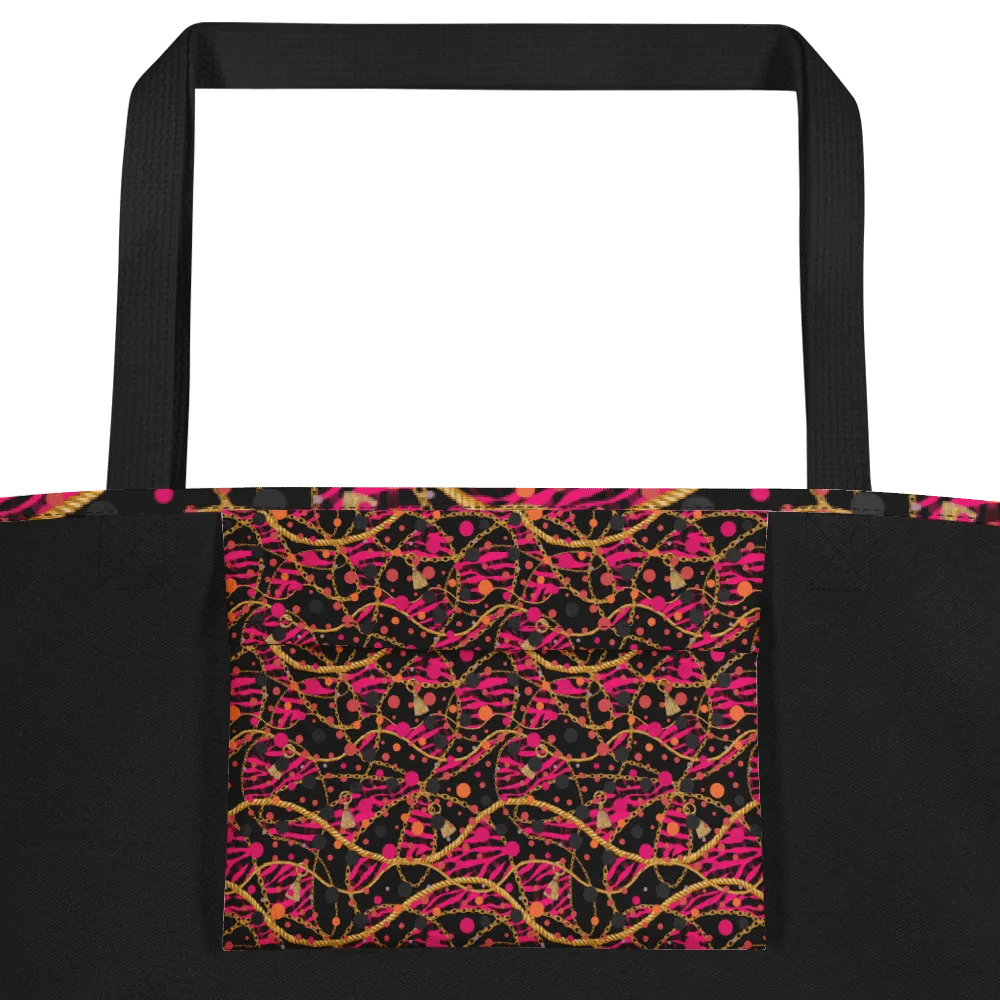 Big printed tote bag with pocket bright reds/pink  gold design product image (2)