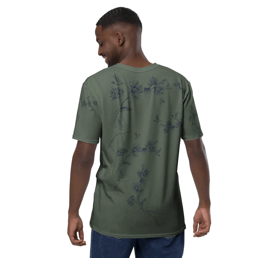 olive green all  over printed unisex T shirt with humming bird design. Outdoors vibe ideal for the person who enjoys birding. product image (12)