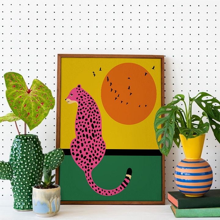 Pink Leopard with Sunset Scenery Colorful Art Print product image (2)