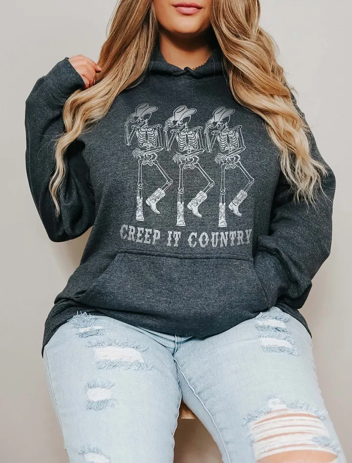 Creep It Country Cowboy Skeletons Hooded Sweatshirt | Funny Western-Themed Fall and Halloween Hoodie Design product image (13)