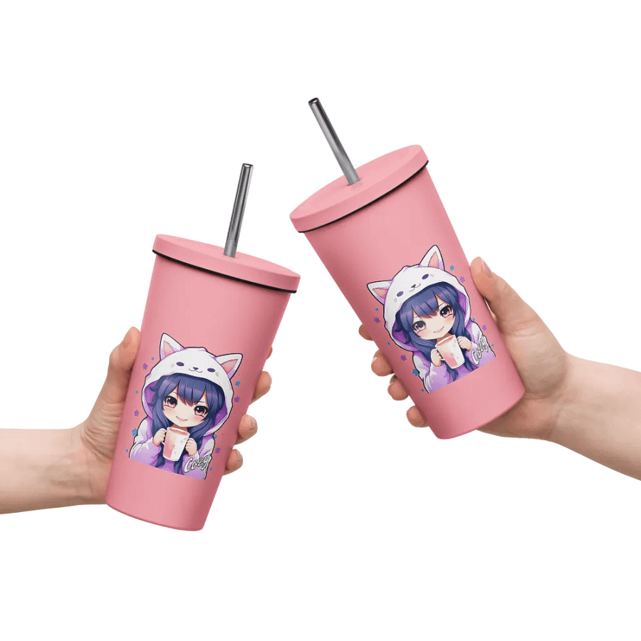 Cozy Kawaii Anime Girl 20 oz Tumbler Cup - Pink - Insulated Tumbler with a Straw product image (10)