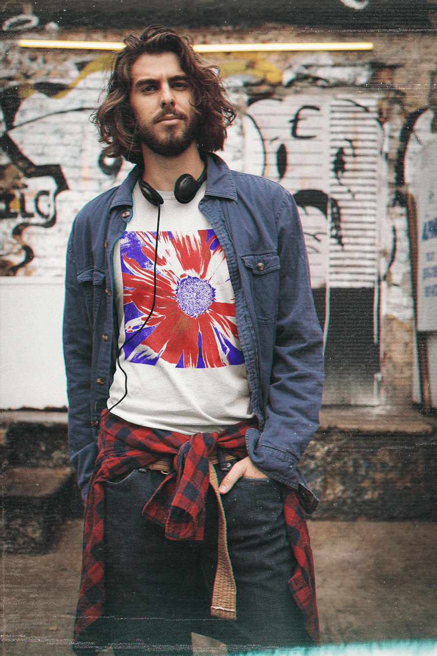 Navy, Red and White Daisy on Navy Abstract Background Men's T Shirt product image (3)