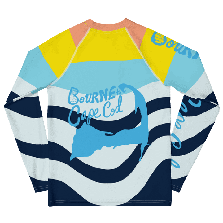 YOUTH | Rash Guard | BRN.2C.C.™ Front Graphic | BOURNE to Cape Cod™ Sleeve & Back Logo | Coastal Swim Shirt for Kids | UV Protection Activewear | Blue Logo | Abstract Coastal product image (2)