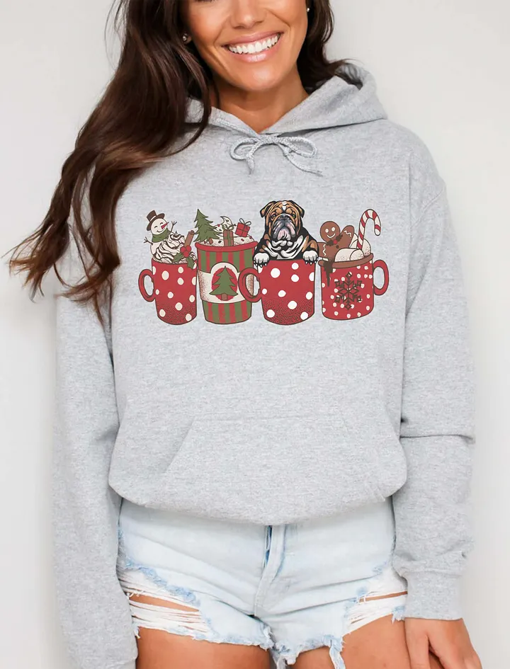 Cute English Bulldog in a Christmas Cup Hooded Sweatshirt | Funny Christmas Pup in a Cup product image (21)