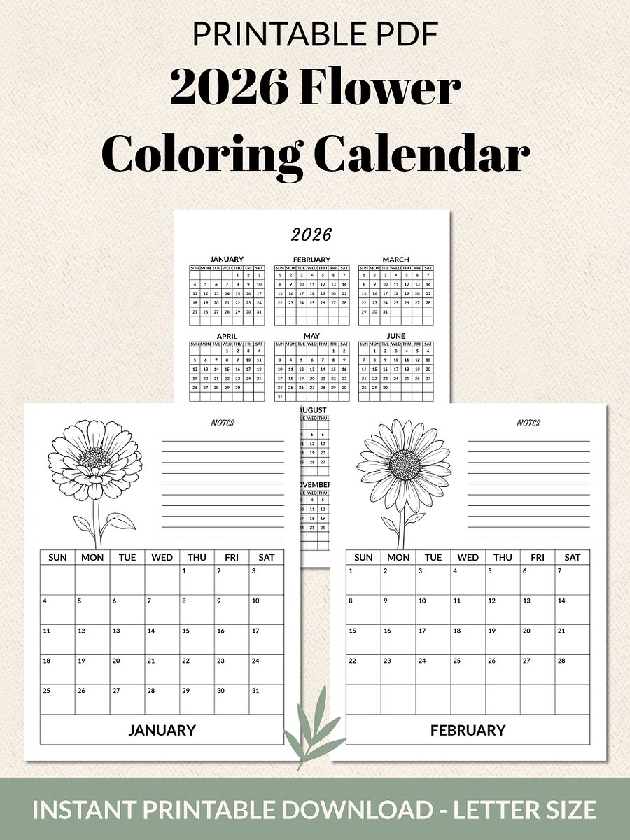 Printable 2026 Flower Coloring Calendar product image (2)