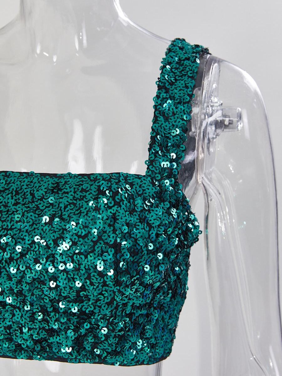 Wholesale sexy high quality slight stretch square neck sequin decor mini skirt sets product image (9)