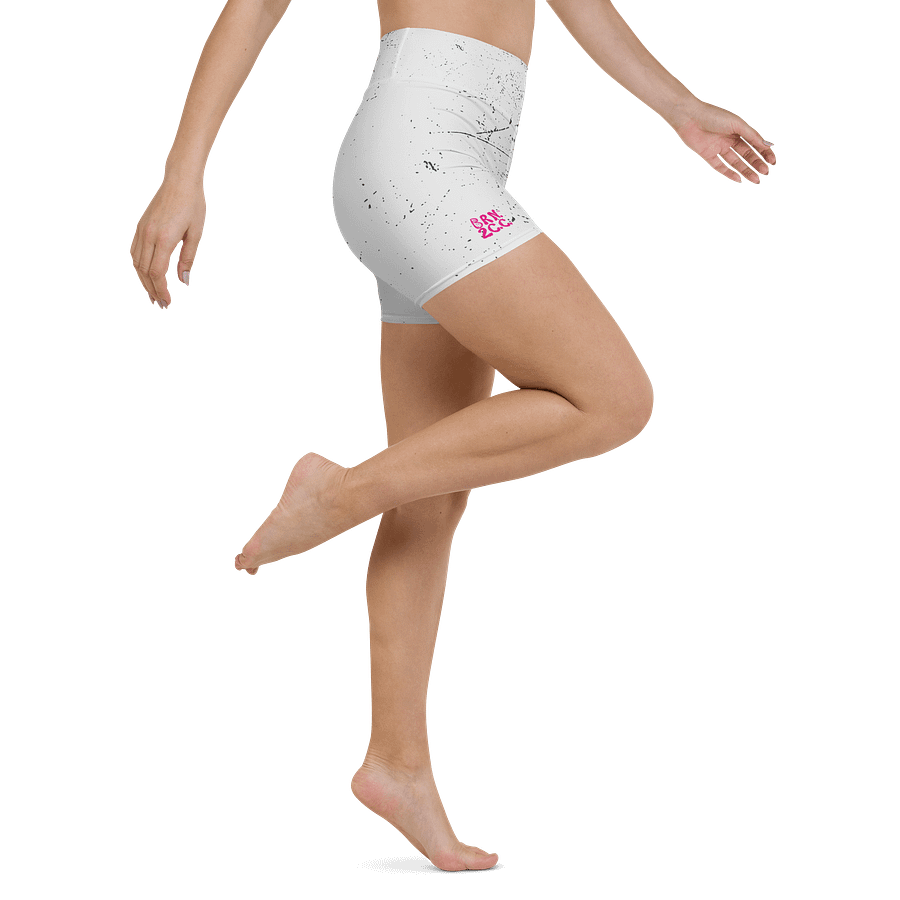 All-Over Print Yoga Shorts | with Inside Pocket | BRN.2C.C.™ | Coastal-Inspired Activewear | Vibrant Pink Logo on Distressed White product image (6)