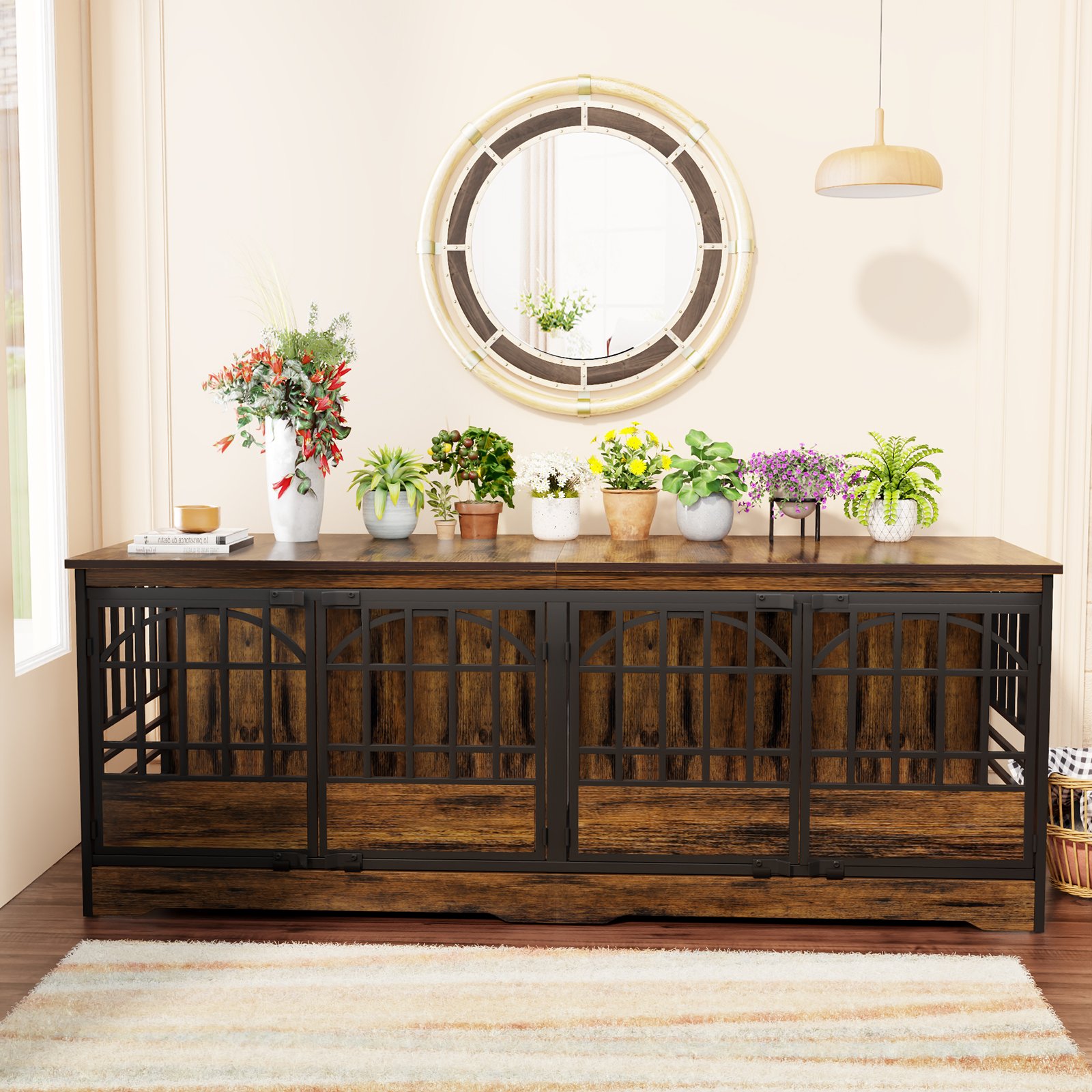 86 Inch Double Dog Crate Furniture for 2 Large Dogs, Decorative Dog Kennel Indoor TV Stand, Heavy Duty Wooden Dog Cage for Large Medium Dogs Sized Dog Pet House with Divider (Brown) product image (9)