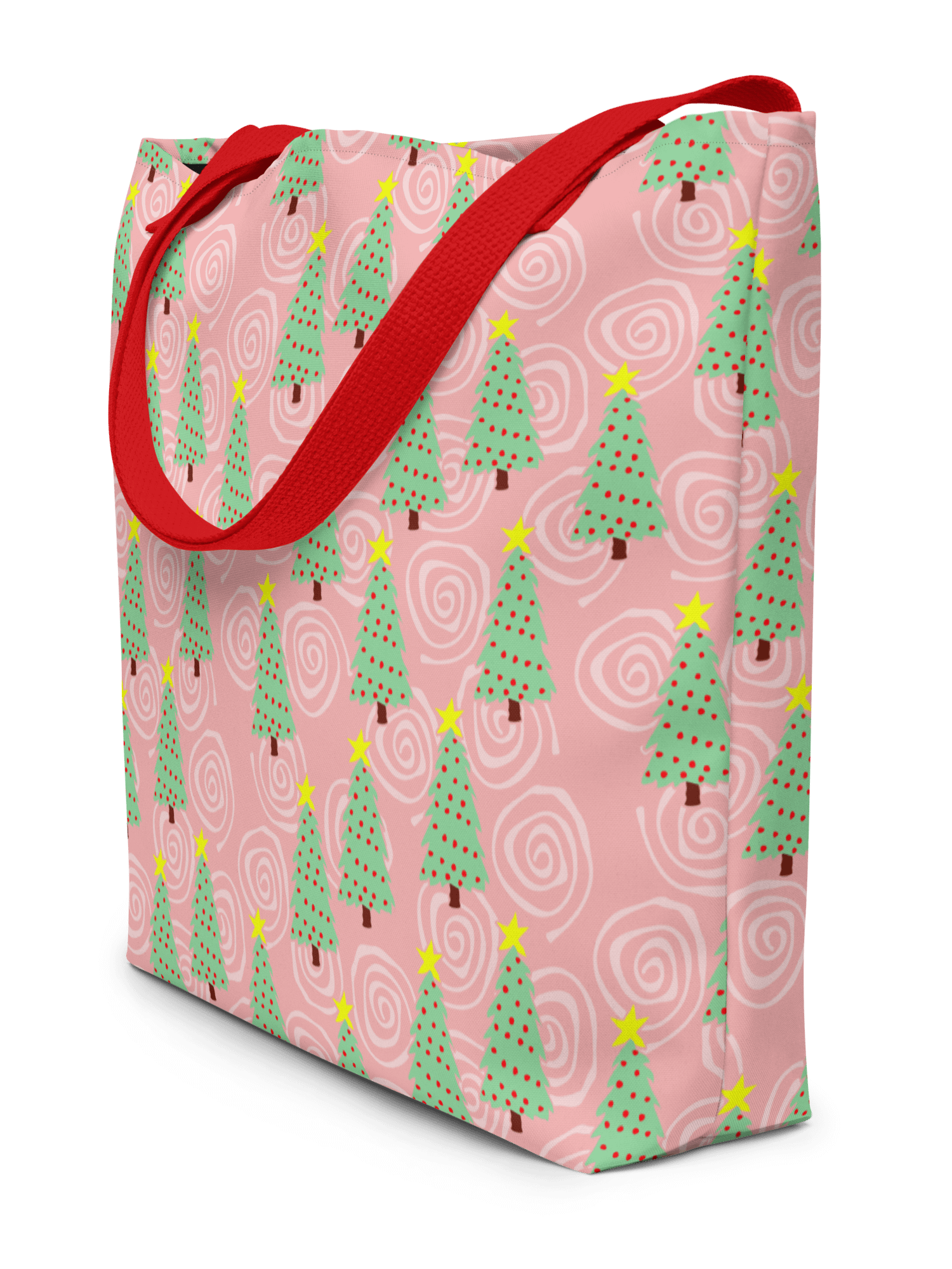 Green Christmas Trees on Christmas Pink with Swirls – Large Tote Bag product image (3)