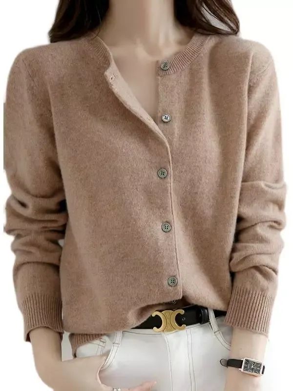 Women's Cashmere Blend Cardigan Sweater Solid Color Simple Crew Neck Jacket Coat product image (2)