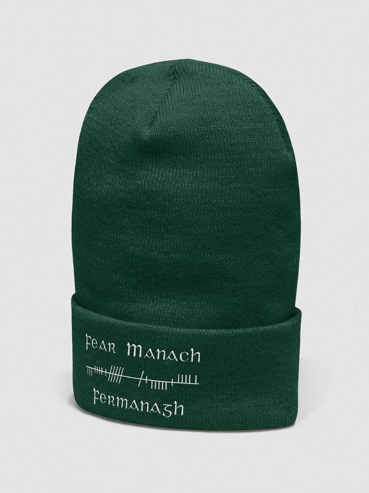 Fermanagh/Fear Manach, Green with white, Orthodox style Ogham embroidered Cuffed Beanie product image (2)