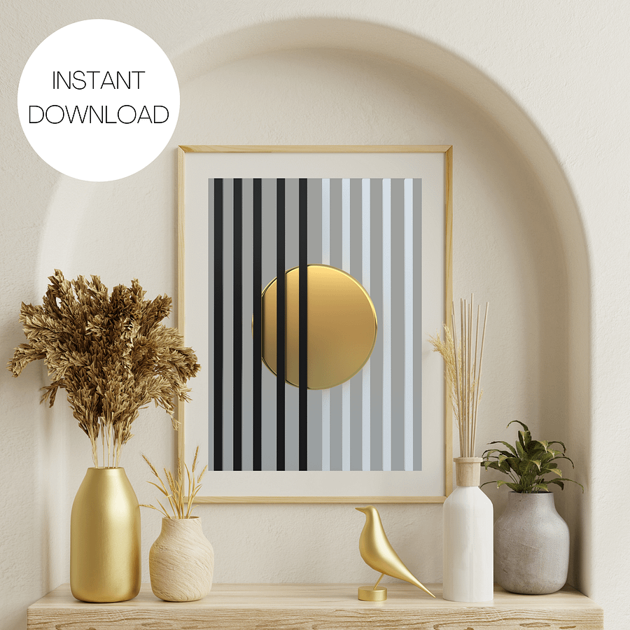 Minimalist 3D Digital Art | Black and White Lines Gold Circle on Gray Background product image (1)