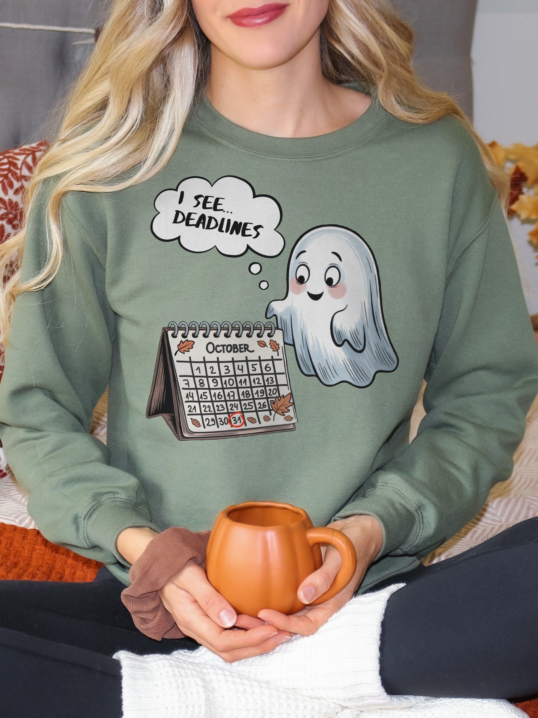 Cute Kawaii Ghost Halloween Sweatshirt for Office Workers and True Crime Lovers product image (13)